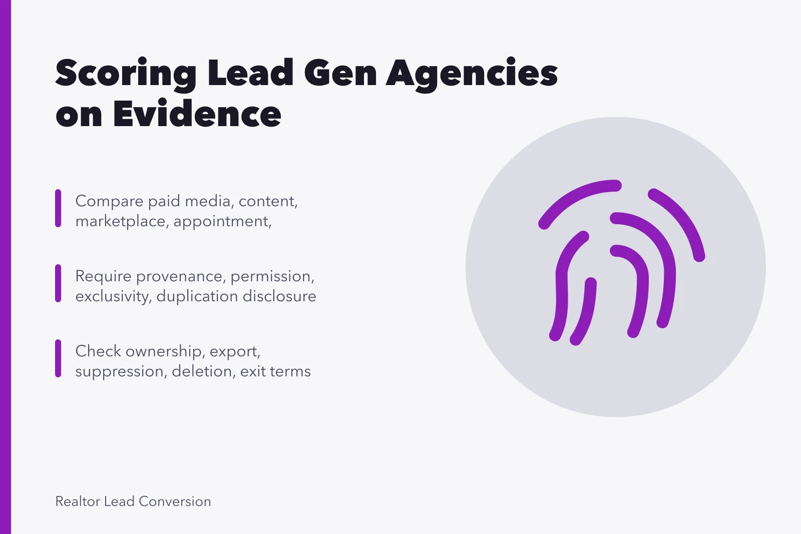 Checklist card for scoring real estate lead generation agencies on evidence. Scoring Real Estate Lead Generation Agencies: No Ranking, Just Evidence