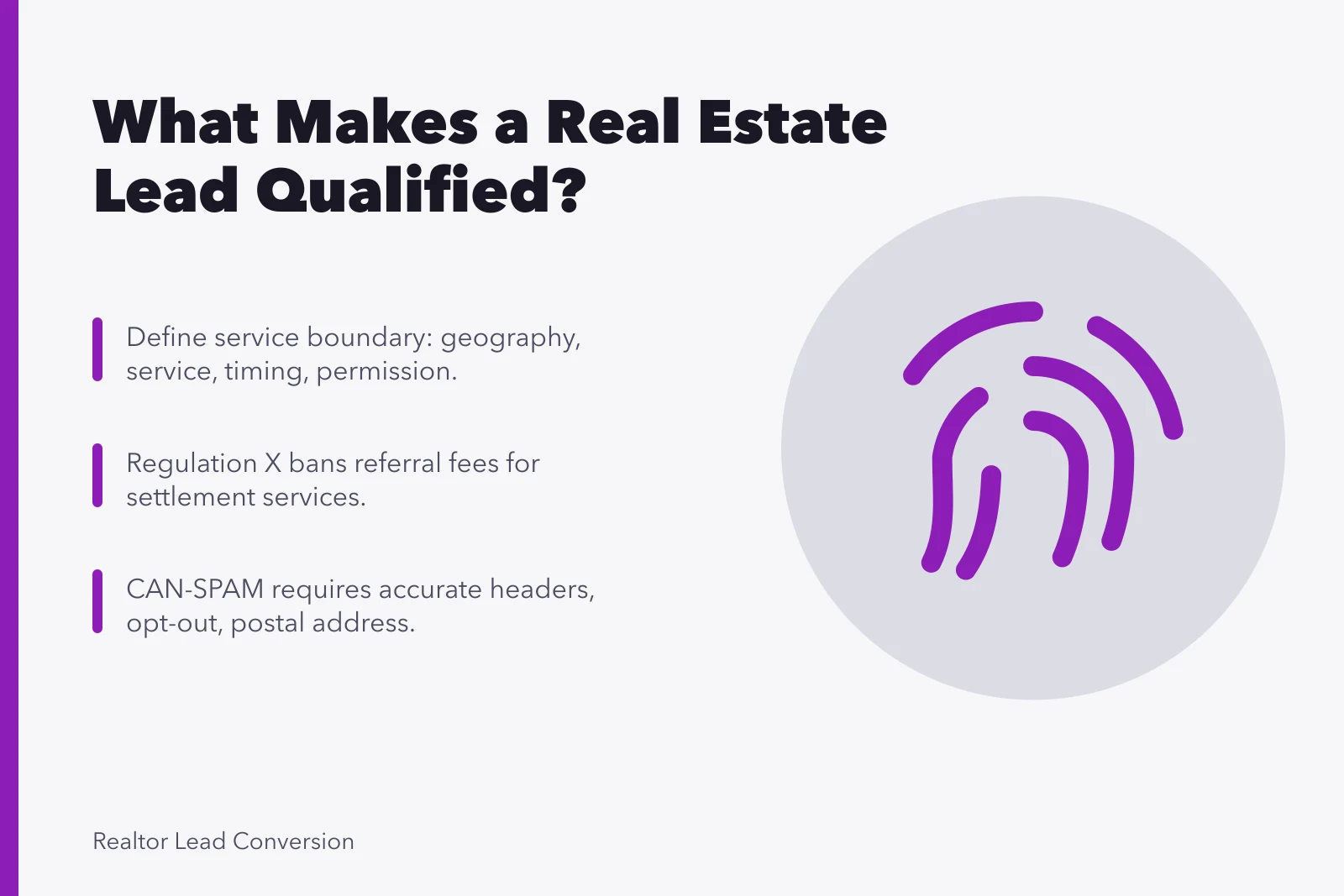 Card summarizing qualified real estate lead criteria, referral rules, and email compliance. What Counts as a Qualified Real Estate Lead, and Who Decides?
