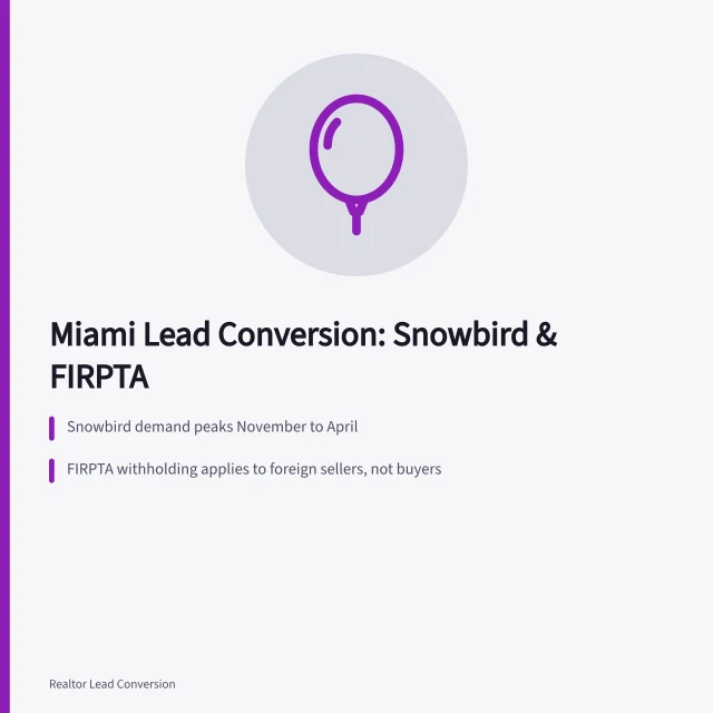 Card summarizing Miami real estate lead conversion with snowbird timing and FIRPTA rules. How Florida seasons and Canadian buyers change Miami lead conversion
