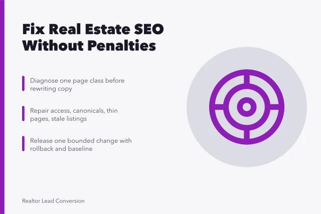 Card summarizing safe real estate SEO diagnosis and controlled repair steps. How to Improve Real Estate SEO Without Penalties