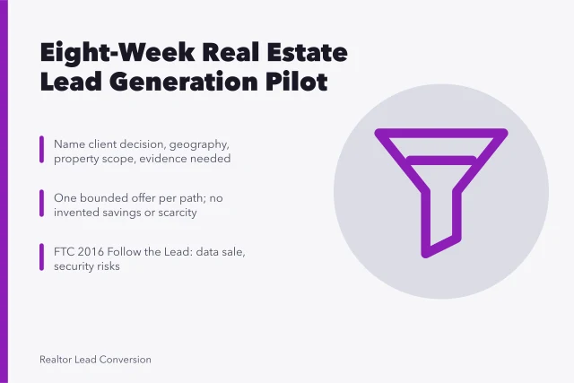 Card summarizing an eight-week real estate lead generation pilot process. An Eight-Week Real Estate Lead Generation Pilot, Compared to Ad Hoc Outreach