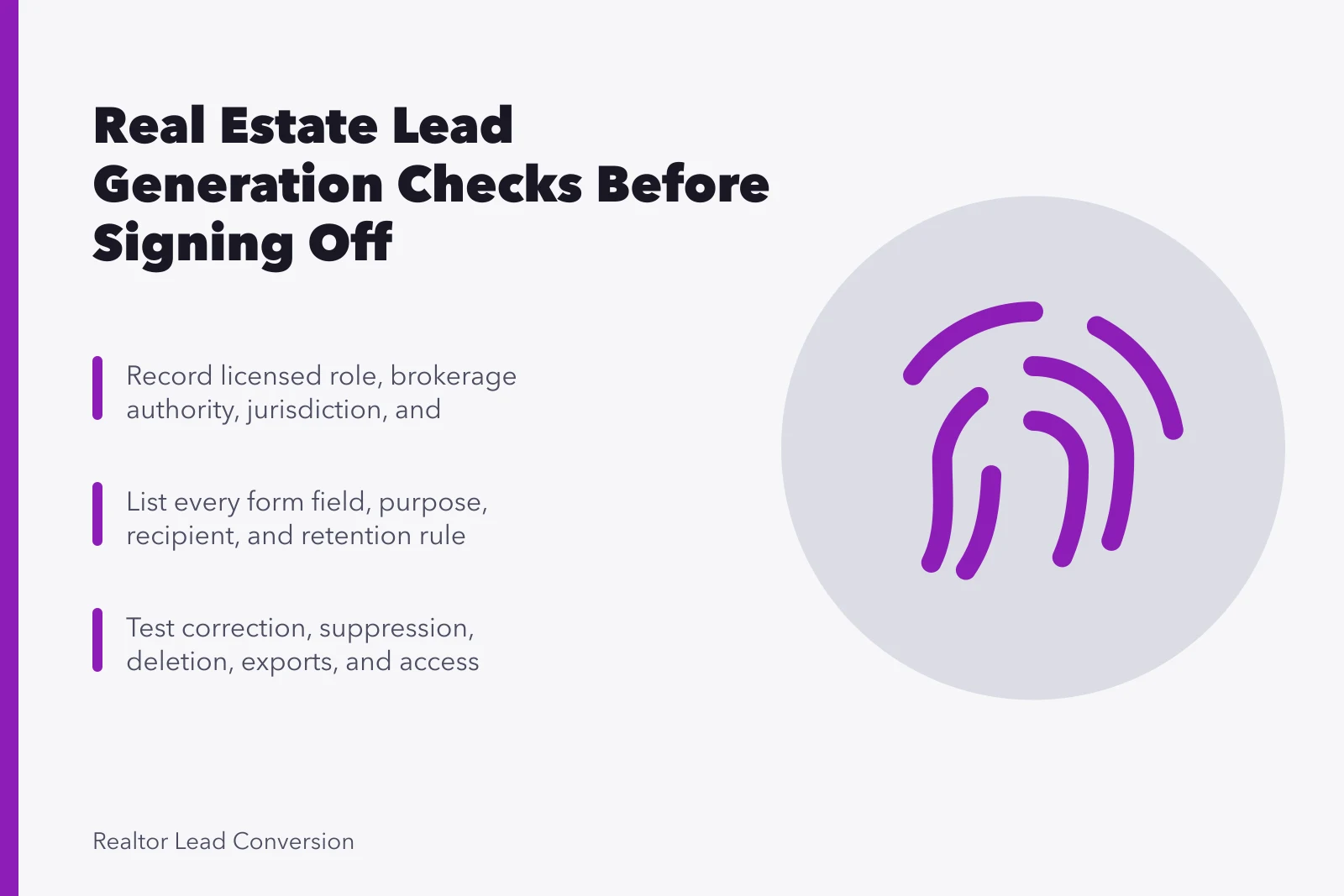 Checklist card for real estate lead generation sign-off steps. 6 Real Estate Lead Generation Checks Before Signing Off