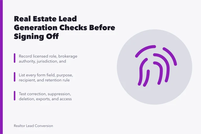 Checklist card for real estate lead generation sign-off steps. 6 Real Estate Lead Generation Checks Before Signing Off