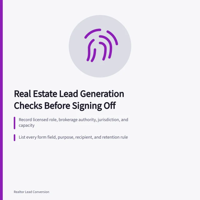 Checklist card for real estate lead generation sign-off steps. 6 Real Estate Lead Generation Checks Before Signing Off