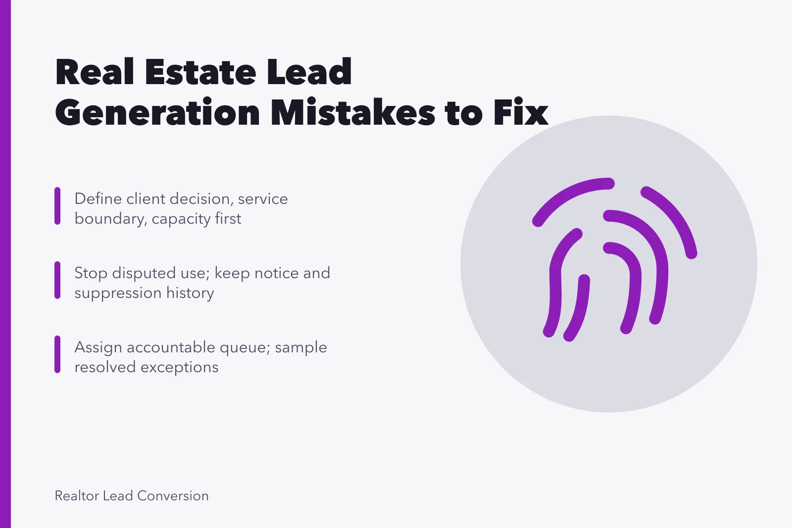 Card listing real estate lead generation mistakes and correction steps. The Real Estate Lead Generation Mistakes People Repeat, and How to Stop, 2027 edition