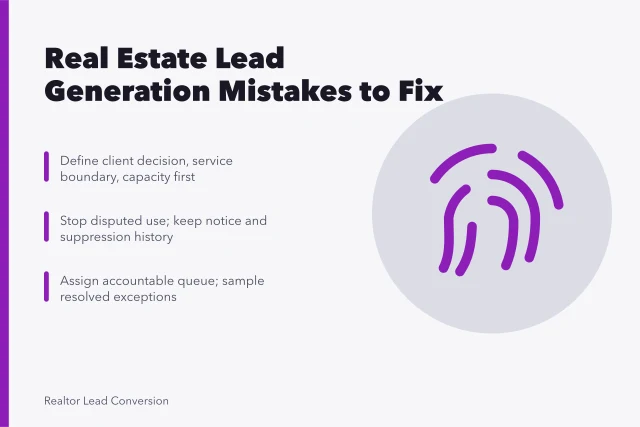 Card listing real estate lead generation mistakes and correction steps. The Real Estate Lead Generation Mistakes People Repeat, and How to Stop, 2027 edition