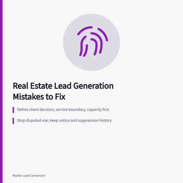 Card listing real estate lead generation mistakes and correction steps. The Real Estate Lead Generation Mistakes People Repeat, and How to Stop, 2027 edition