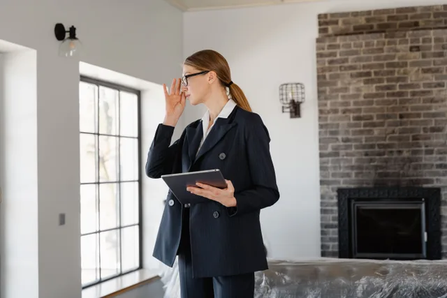 Woman in blazer with tablet in a modern home interior, symbolizing property viewing. Choosing Real Estate Lead Generation Tools for 2027: Google Forms Versus HubSpot