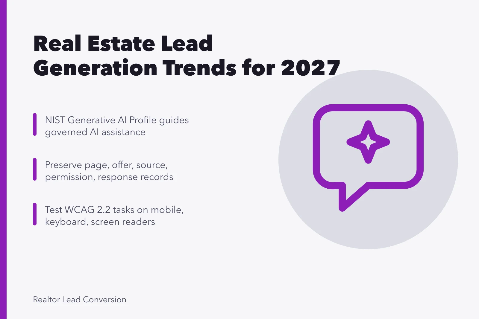 Card summarizing 2027 real estate lead generation trends: governed AI, evidence, accessibility. Real Estate Lead Generation Trends: The Parts Worth Your Attention