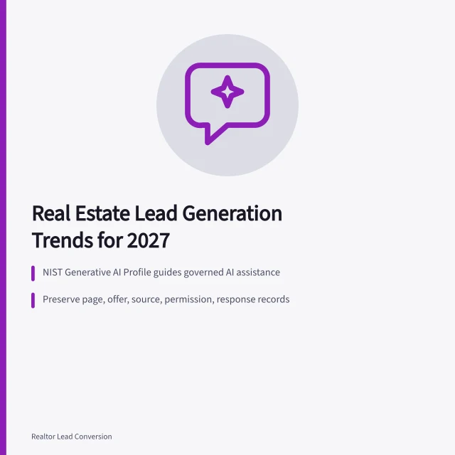 Card summarizing 2027 real estate lead generation trends: governed AI, evidence, accessibility. Real Estate Lead Generation Trends: The Parts Worth Your Attention