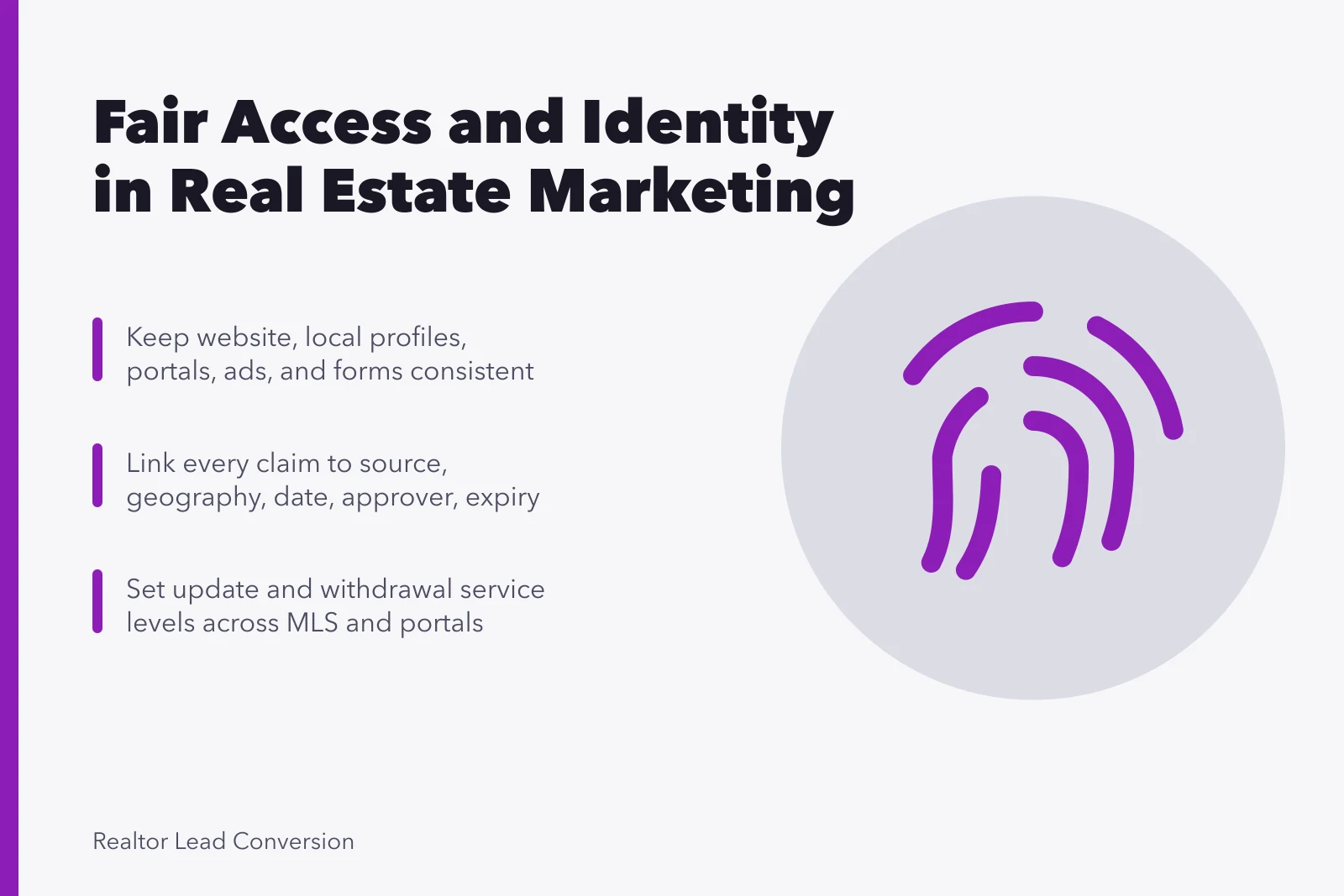 Card summarizing real estate marketing identity, fair access, and claim register practices. Marketing Strategy Best Practices Start With Fair Access and Identity