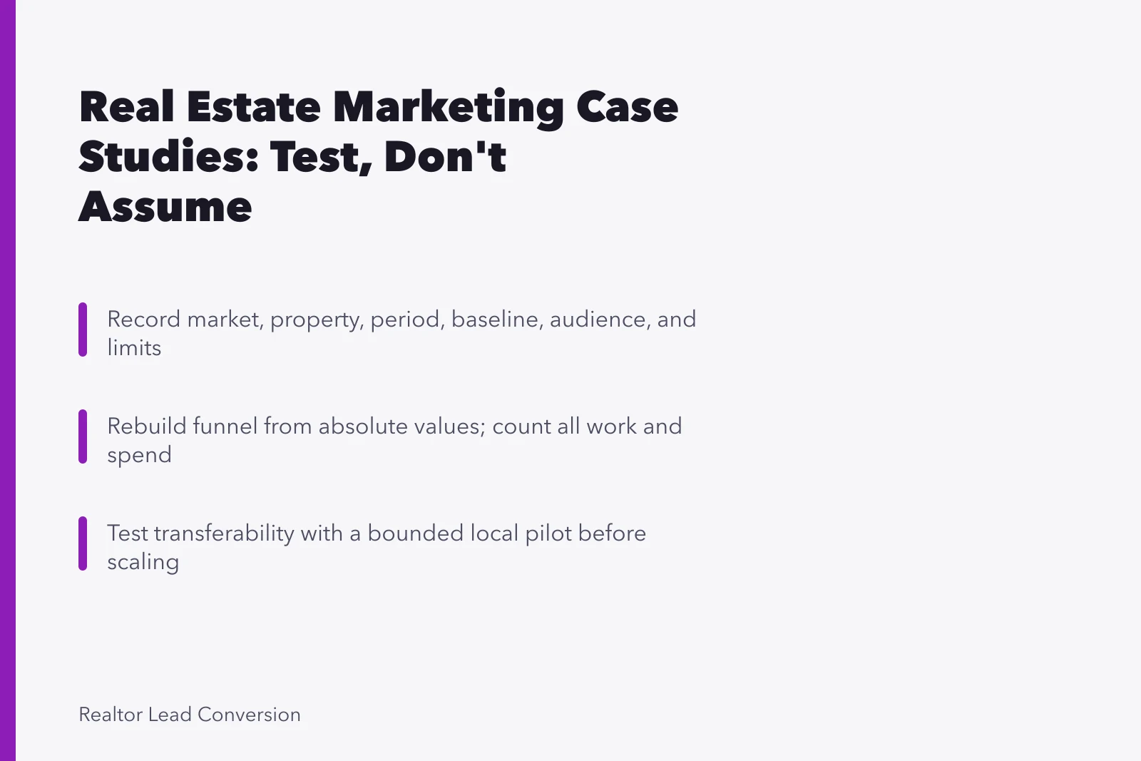 Card summarizing real estate marketing case study diligence and transfer testing. Marketing Strategy Case Studies: Baselines, Funnels, and Transfer Tests