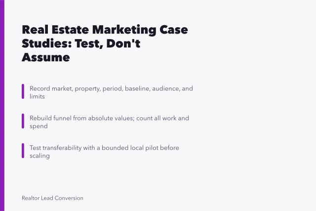 Card summarizing real estate marketing case study diligence and transfer testing. Marketing Strategy Case Studies: Baselines, Funnels, and Transfer Tests
