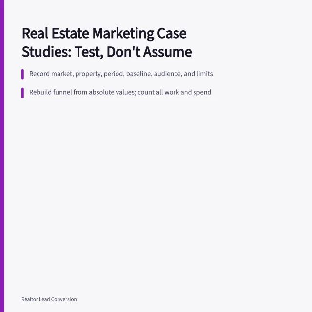 Card summarizing real estate marketing case study diligence and transfer testing. Marketing Strategy Case Studies: Baselines, Funnels, and Transfer Tests