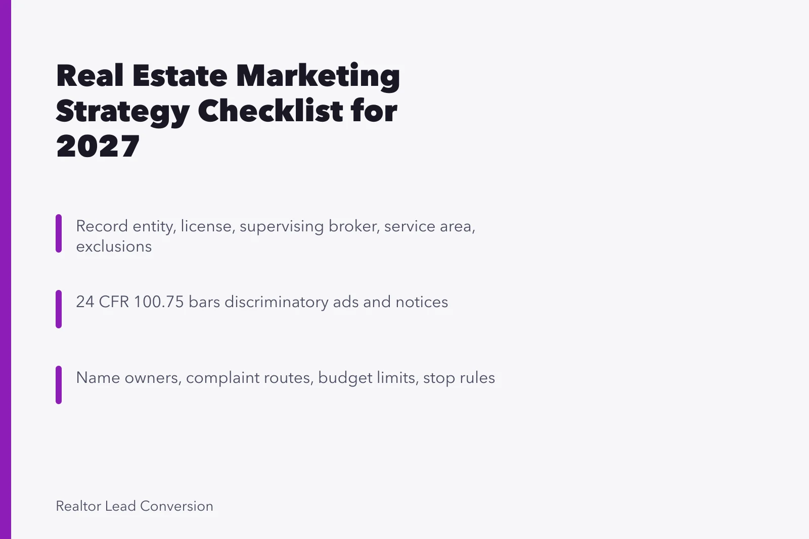 Checklist card for real estate marketing strategy compliance and launch rules. The Real Estate Marketing Strategy Checklist That Catches What Audits Miss