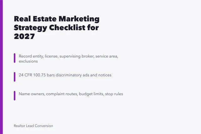 Checklist card for real estate marketing strategy compliance and launch rules. The Real Estate Marketing Strategy Checklist That Catches What Audits Miss