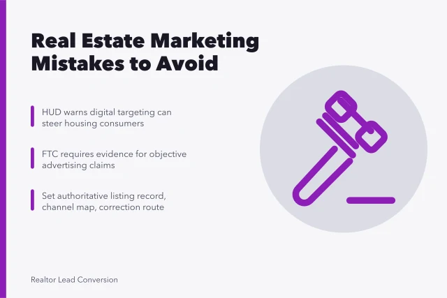 Real estate marketing compliance card with targeting, claims, and listing rules. Real Estate Marketing Strategy Mistakes Seen From the Repair Side
