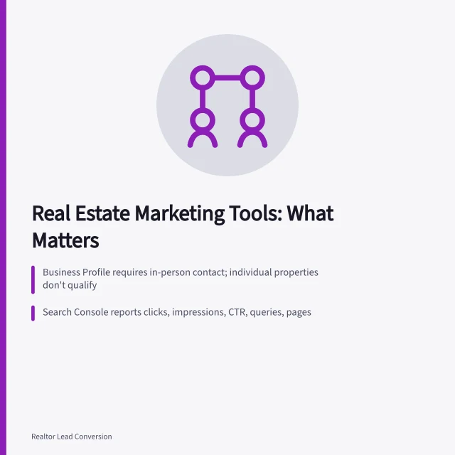 Card comparing real estate marketing tools: Business Profile and Search Console. Real Estate Marketing Strategy Tools Rated on What Actually Matters