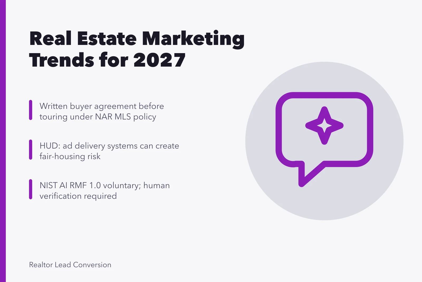 Card summarizing 2027 real estate marketing trends: representation, ad delivery, AI governance. The Real Estate Marketing Strategy Trends That Will Still Matter Next Year: The 2027 View