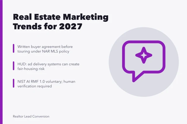 Card summarizing 2027 real estate marketing trends: representation, ad delivery, AI governance. The Real Estate Marketing Strategy Trends That Will Still Matter Next Year: The 2027 View
