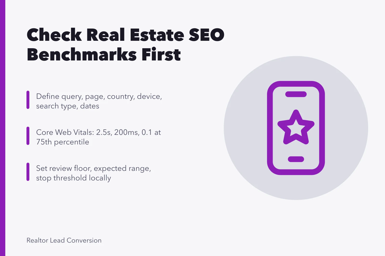 Card listing three checks before trusting real estate SEO benchmarks. 5 Things to Check Before Trusting Real Estate SEO Benchmarks