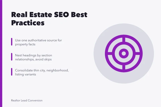 Real estate SEO best practices card with local evidence and crawlable pages. Real Estate SEO Best Practices: Tools, Metrics, and Rules