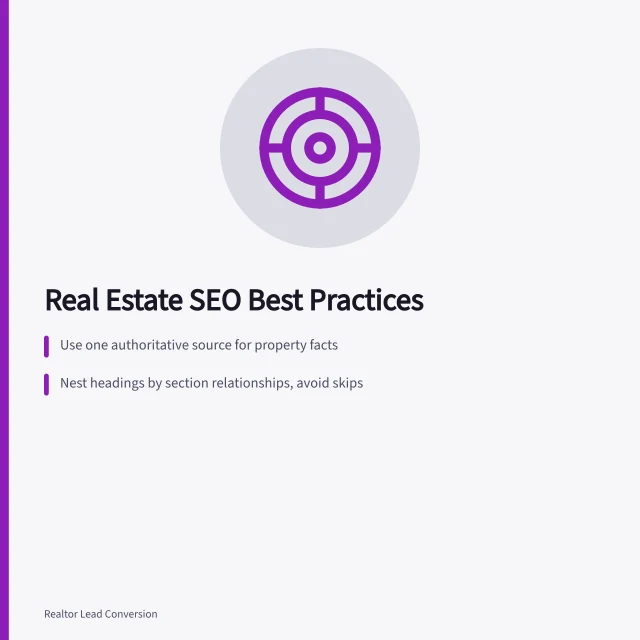 Real estate SEO best practices card with local evidence and crawlable pages. Real Estate SEO Best Practices: Tools, Metrics, and Rules