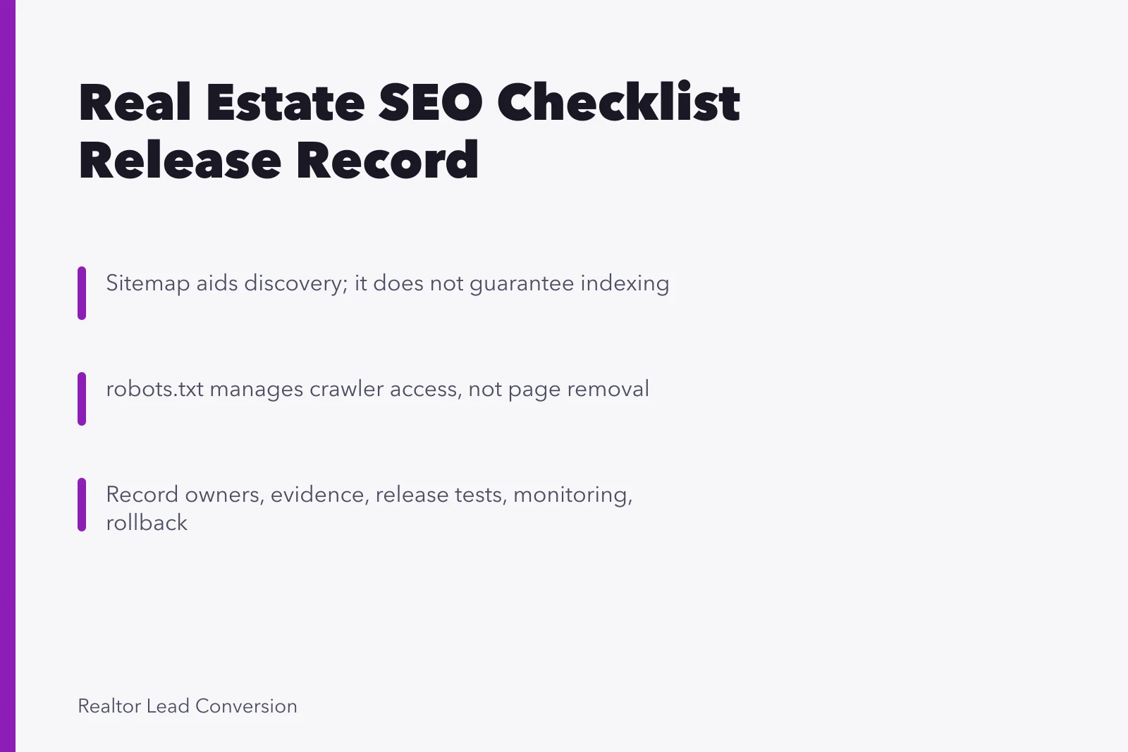 Card summarizing real estate SEO checklist release record and crawler controls. 6 Things a Real Estate SEO Checklist Has to Cover