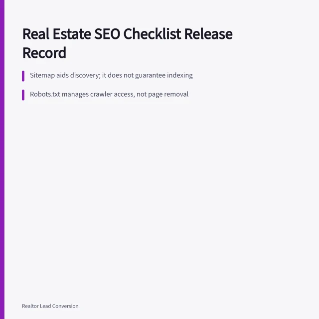 Card summarizing real estate SEO checklist release record and crawler controls. 6 Things a Real Estate SEO Checklist Has to Cover