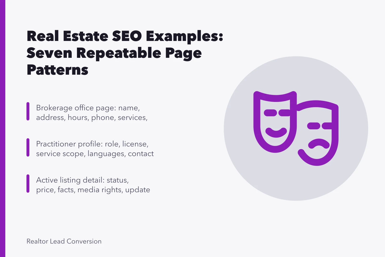 Card listing seven real estate SEO page patterns for brokerages, agents, listings, neighborhoods, rentals, property services. Real Estate SEO Examples: Page Patterns and Lead Routing