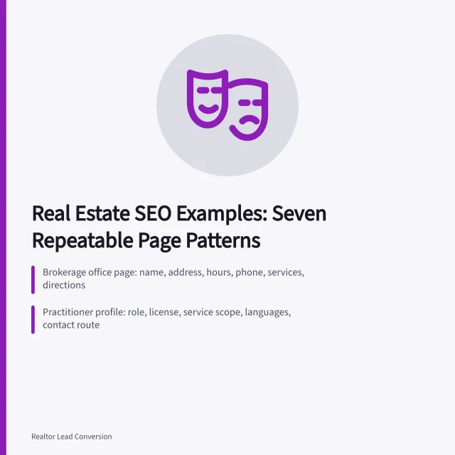 Card listing seven real estate SEO page patterns for brokerages, agents, listings, neighborhoods, rentals, property services. Real Estate SEO Examples: Page Patterns and Lead Routing
