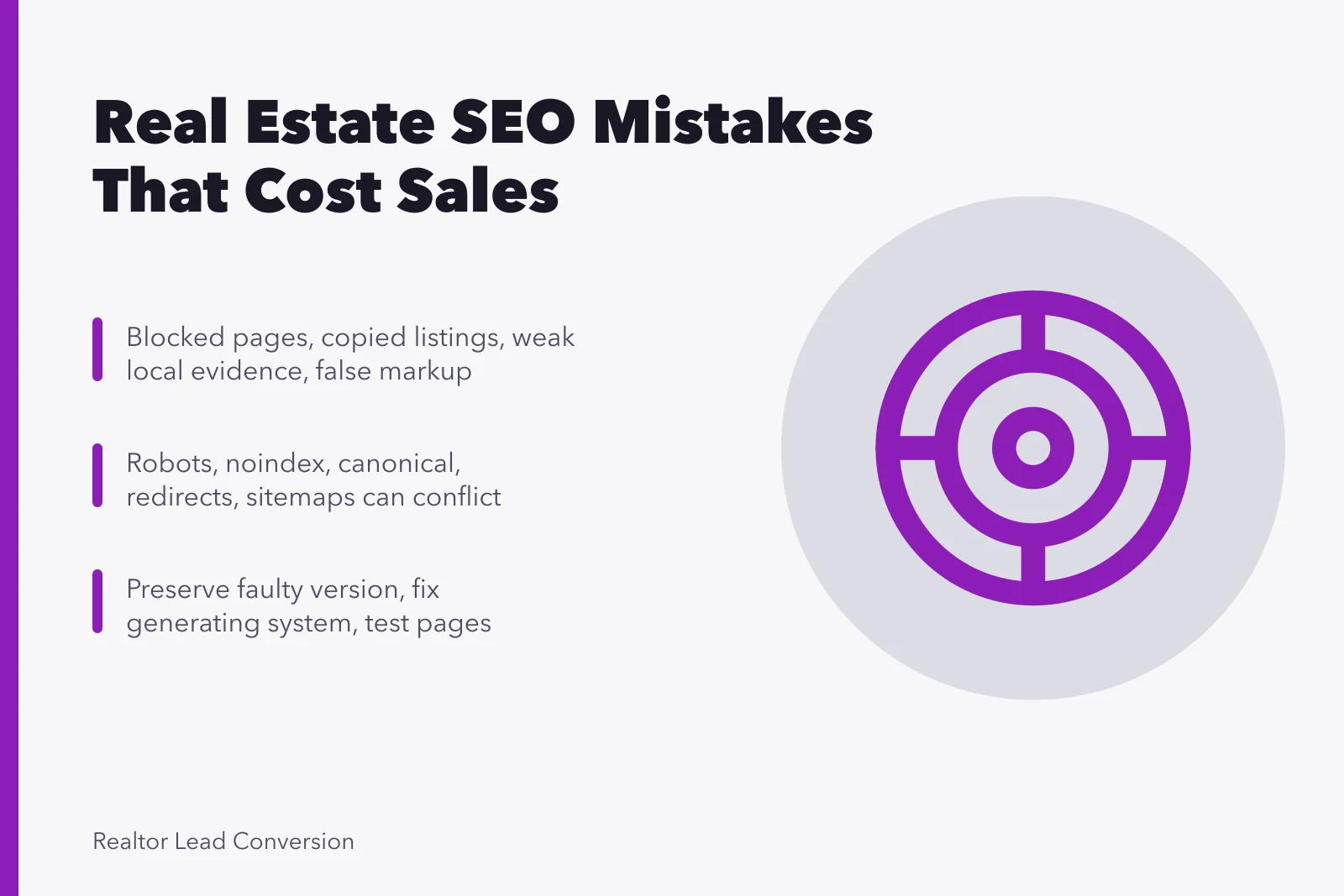 Card listing real estate SEO mistakes, fixes, and signal conflicts. 4 Real Estate SEO Mistakes Worth Fixing Before They Cost a Sale