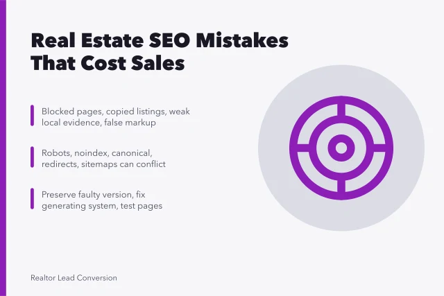 Card listing real estate SEO mistakes, fixes, and signal conflicts. 4 Real Estate SEO Mistakes Worth Fixing Before They Cost a Sale