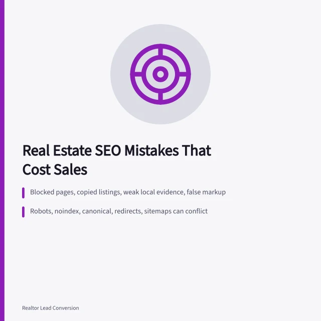 Card listing real estate SEO mistakes, fixes, and signal conflicts. 4 Real Estate SEO Mistakes Worth Fixing Before They Cost a Sale