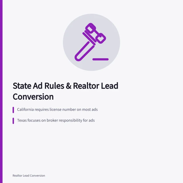 Card comparing state real estate advertising rules and lead conversion. Do state advertising rules change realtor lead conversion?