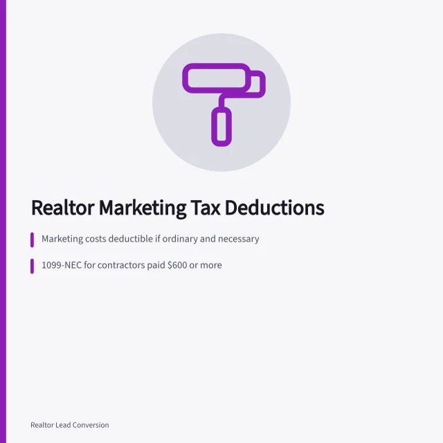 Tax deduction card for realtor marketing expenses and 1099 reporting rules. Tax deductions for realtor marketing, explained with IRS rules