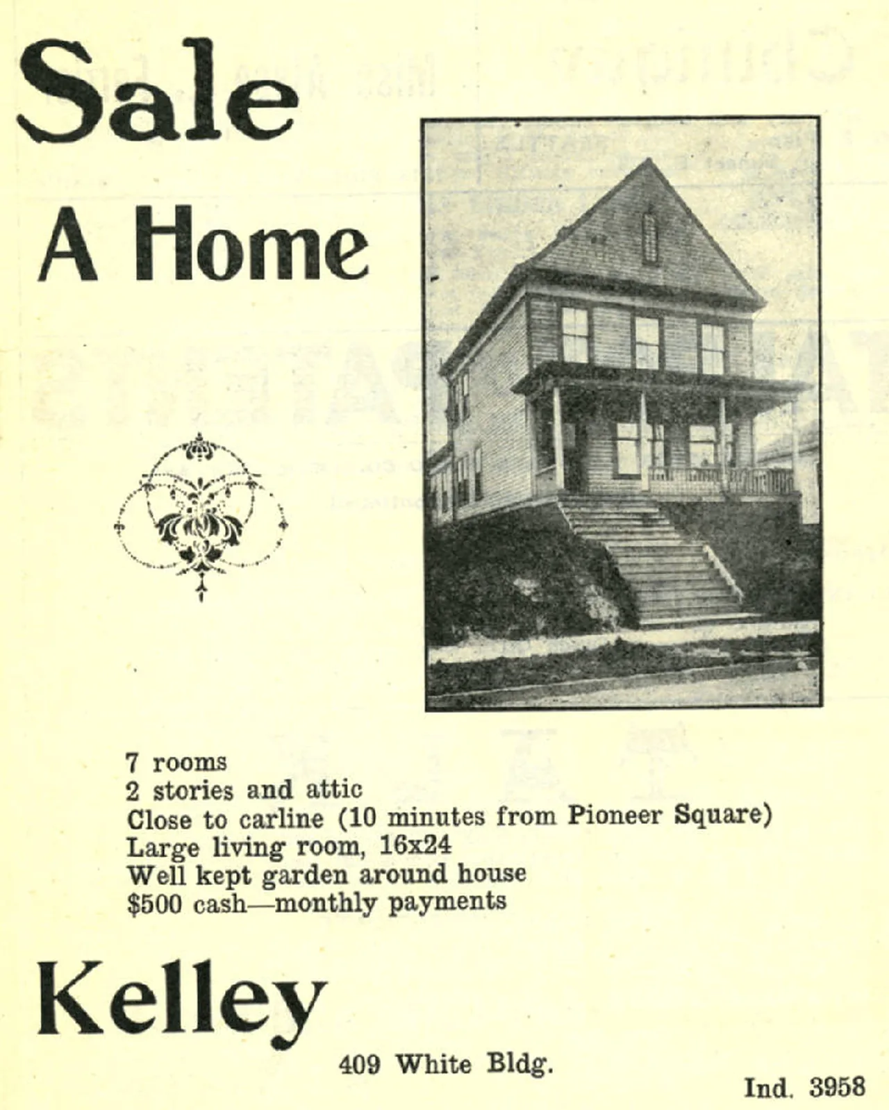 A 1909 printed real estate advertisement shows a Seattle house and period sales copy.