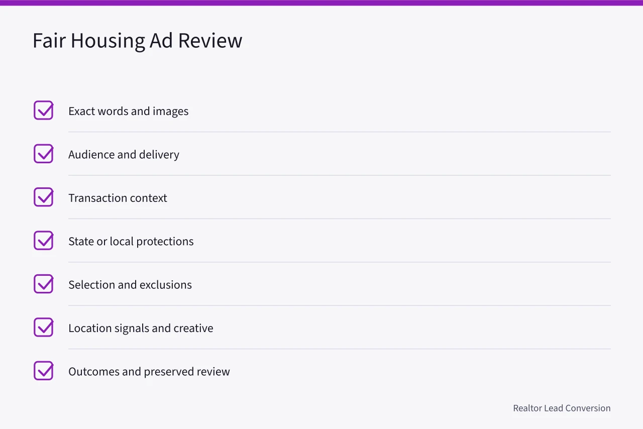 Checklist of fair housing advertising review items from the section (The Real Estate Marketing Strategy Checklist That Catches What Audits Miss)